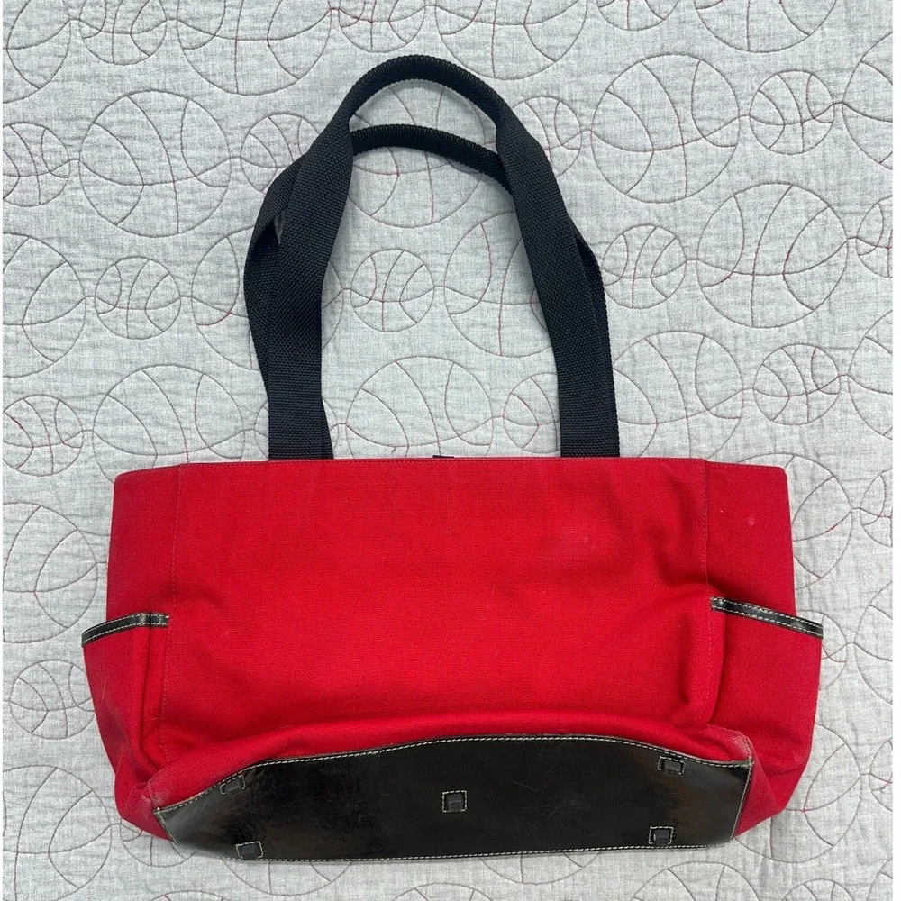 Kate Spade New York Diaper Bag Red Canvas Teddy Rattle Blankie Leather Trim
